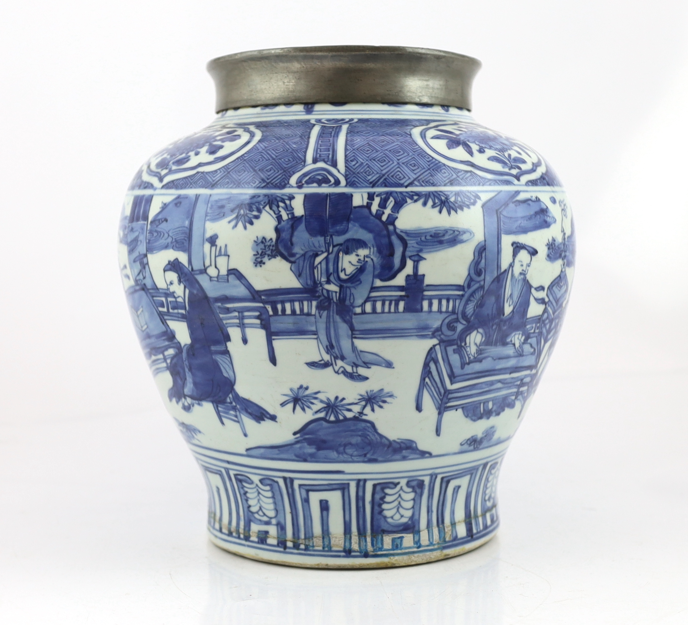 A Chinese Ming blue and white ‘scholars’ jar, guan, Wanli period (1572-1620), broken around base and restuck